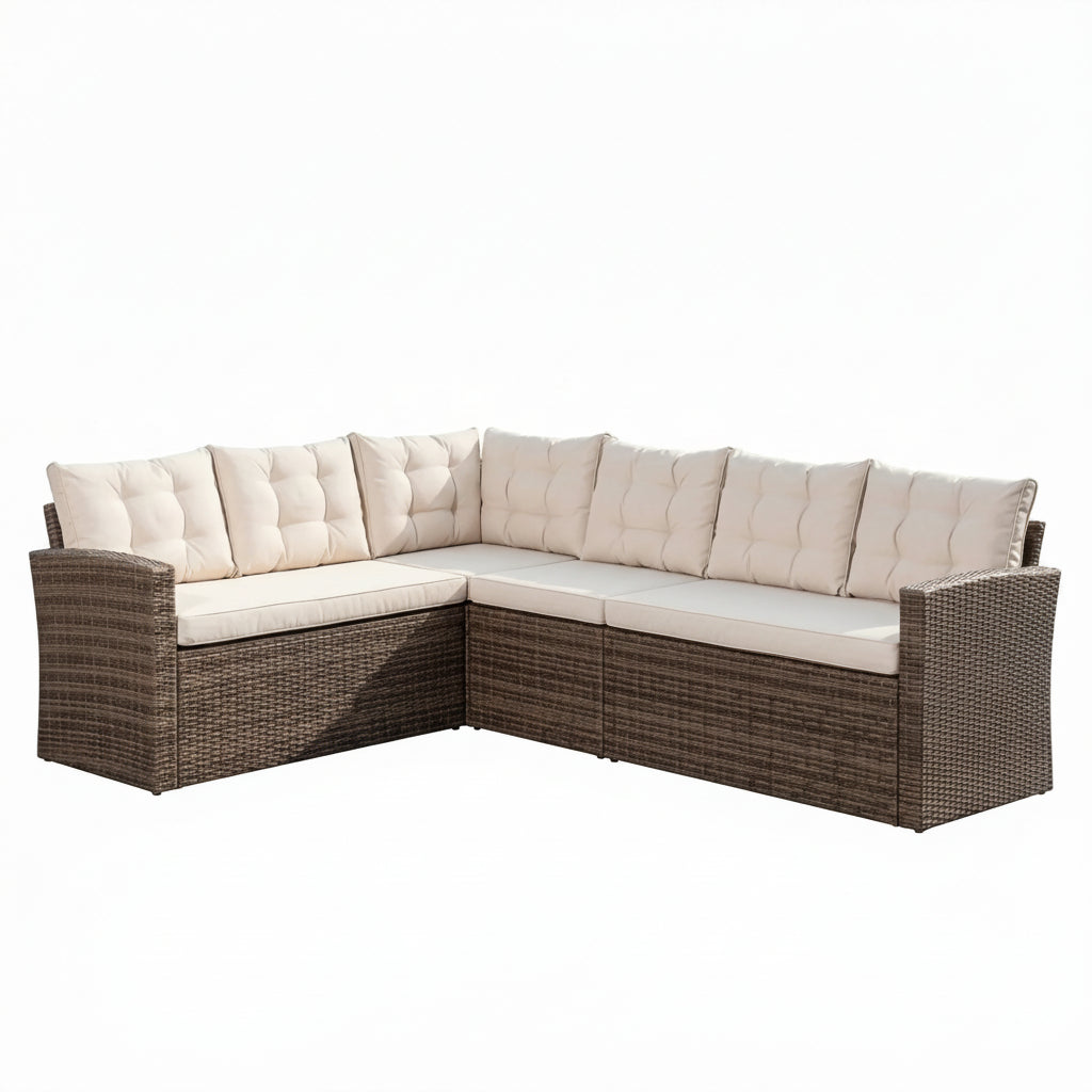 Outdoor Rattan Corner Sofa with Table and Bench in Brown & Cream