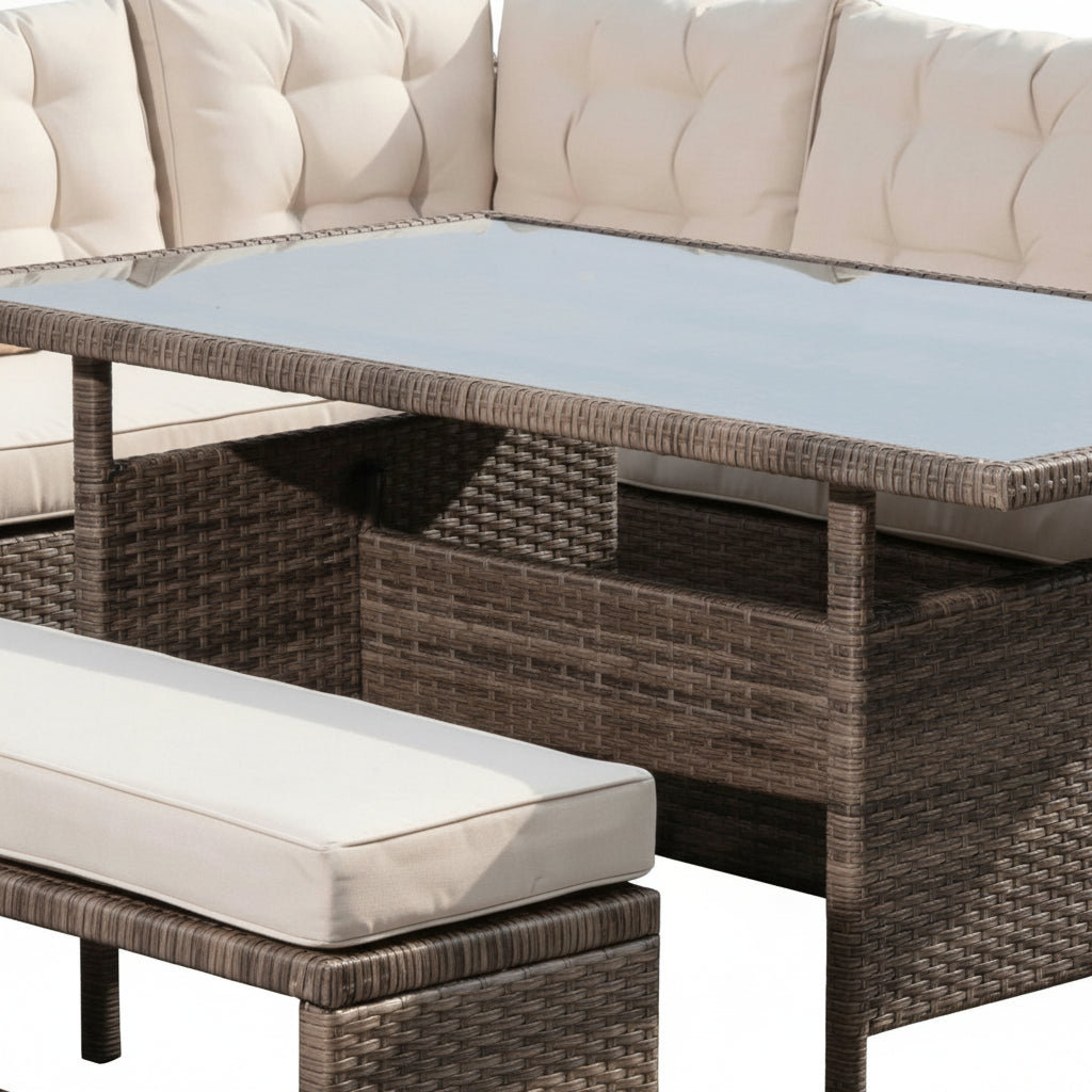 Outdoor Rattan Corner Sofa with Table and Bench in Brown & Cream