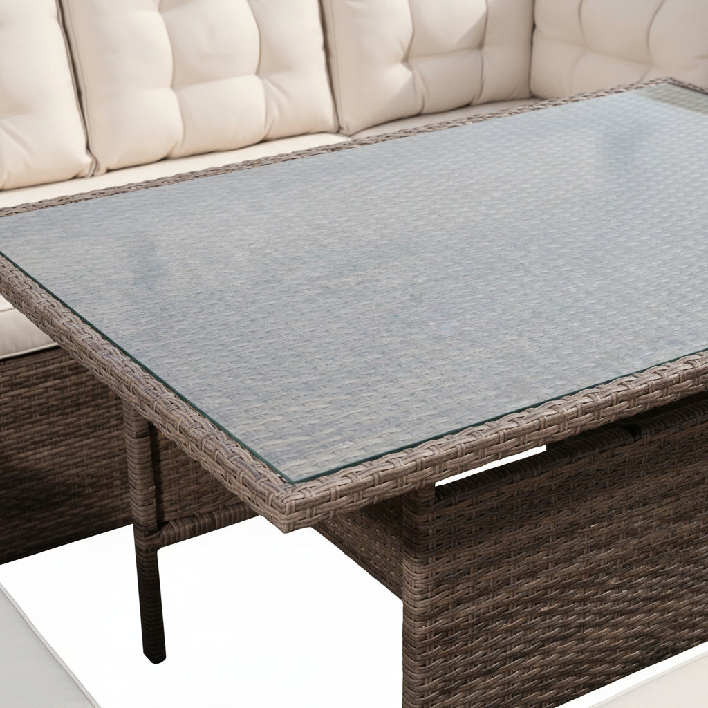 Outdoor Rattan Corner Sofa with Table and Bench in Brown & Cream