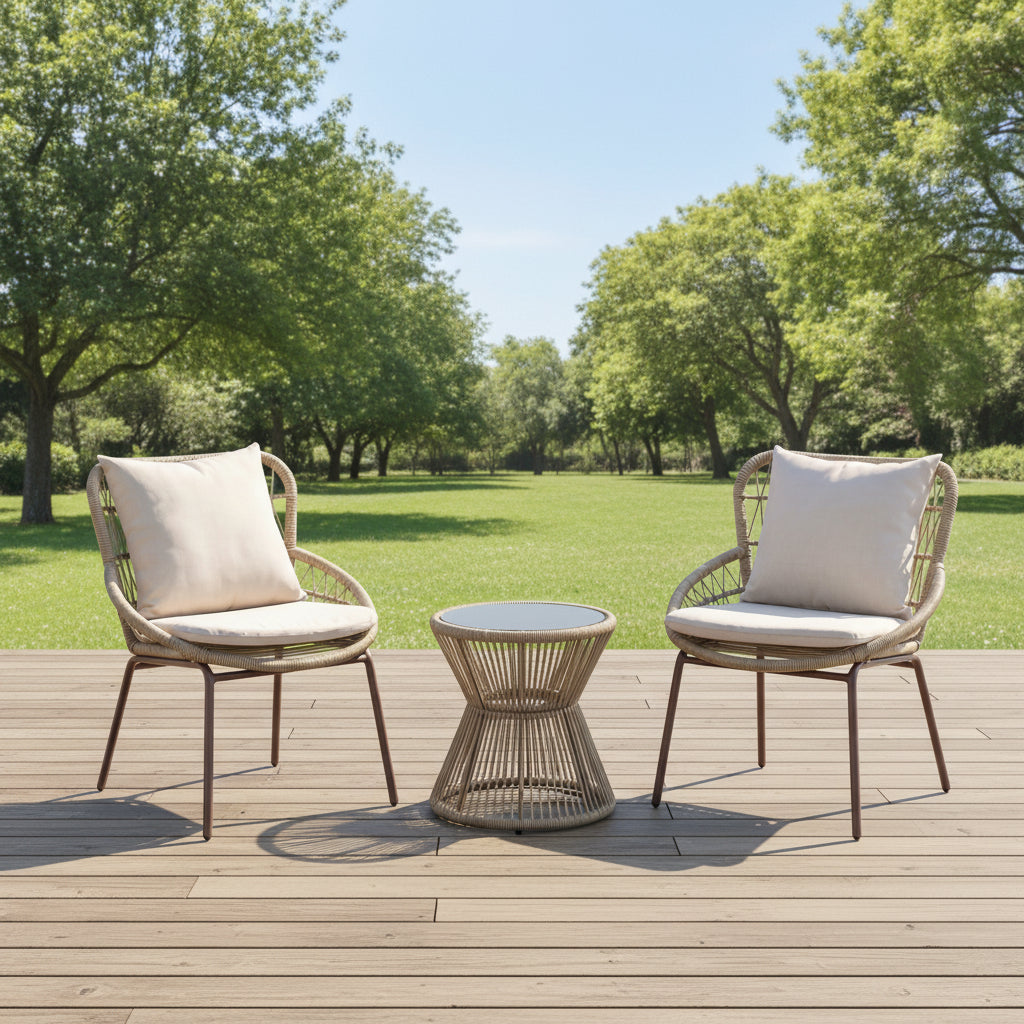 3 Piece Patio Set - 2 x Chairs + Table PE Wicker + Metal 2 x Chairs + Table. Available in 1 colours. MODERN 3 PIECE GARDEN PATIO SET IN BROWN AND CREAM BY HARRY CHRISTIAN HOME
