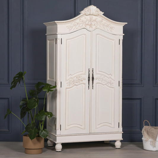 Wooden Carved French Chateau White Double Armoire