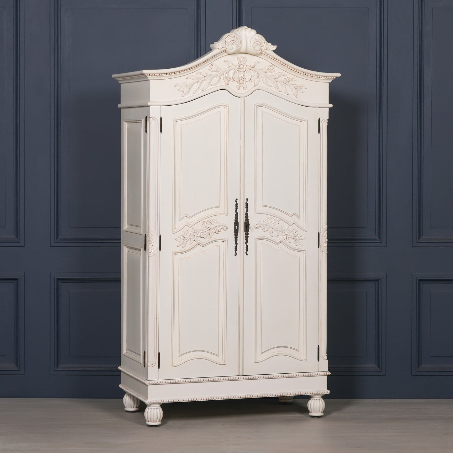 Wooden Carved French Chateau White Double Armoire