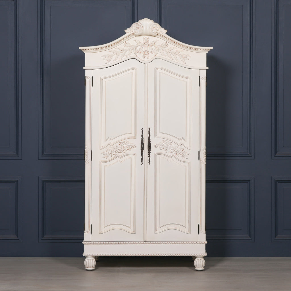 Wooden Carved French Chateau White Double Armoire