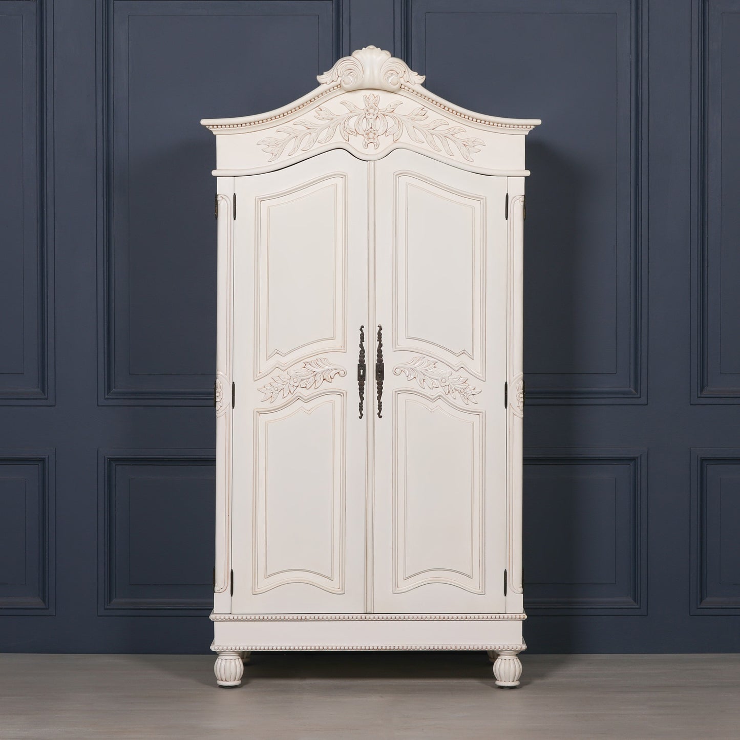 Wooden Carved French Chateau White Double Armoire