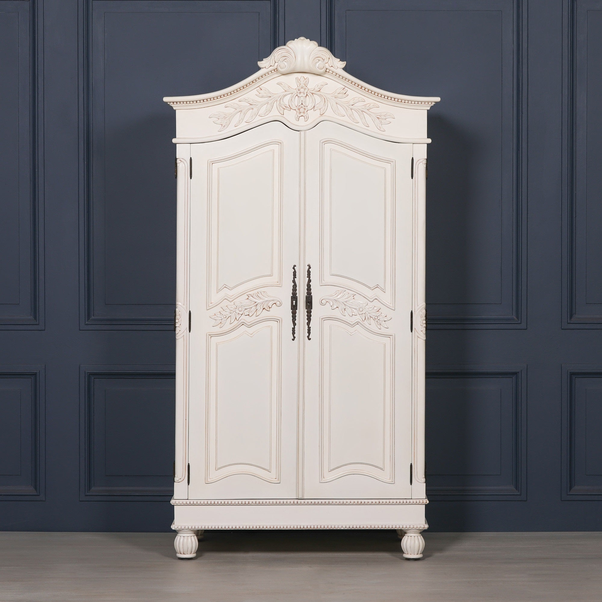 Wooden Carved French Chateau White Double Armoire