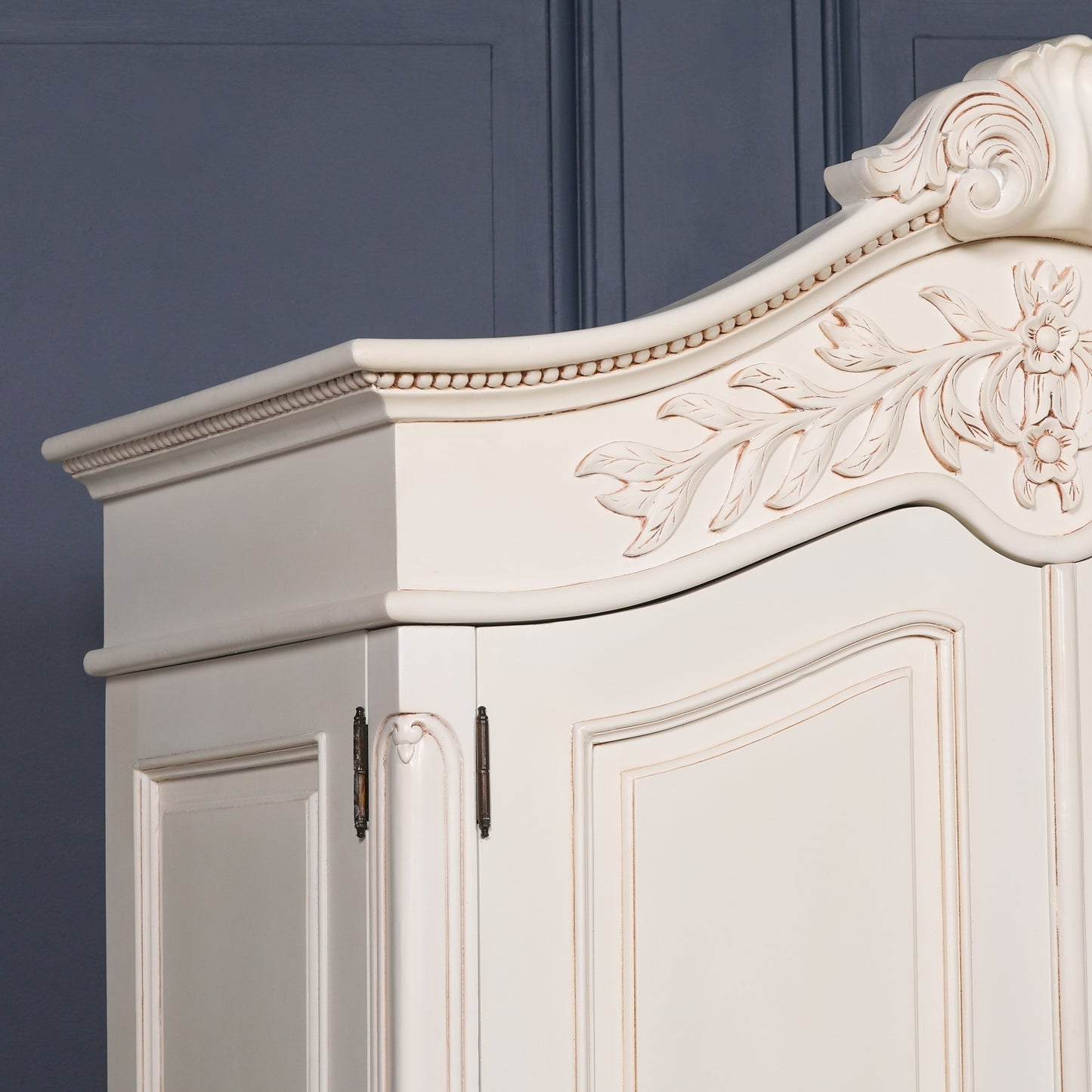 Wooden Carved French Chateau White Double Armoire