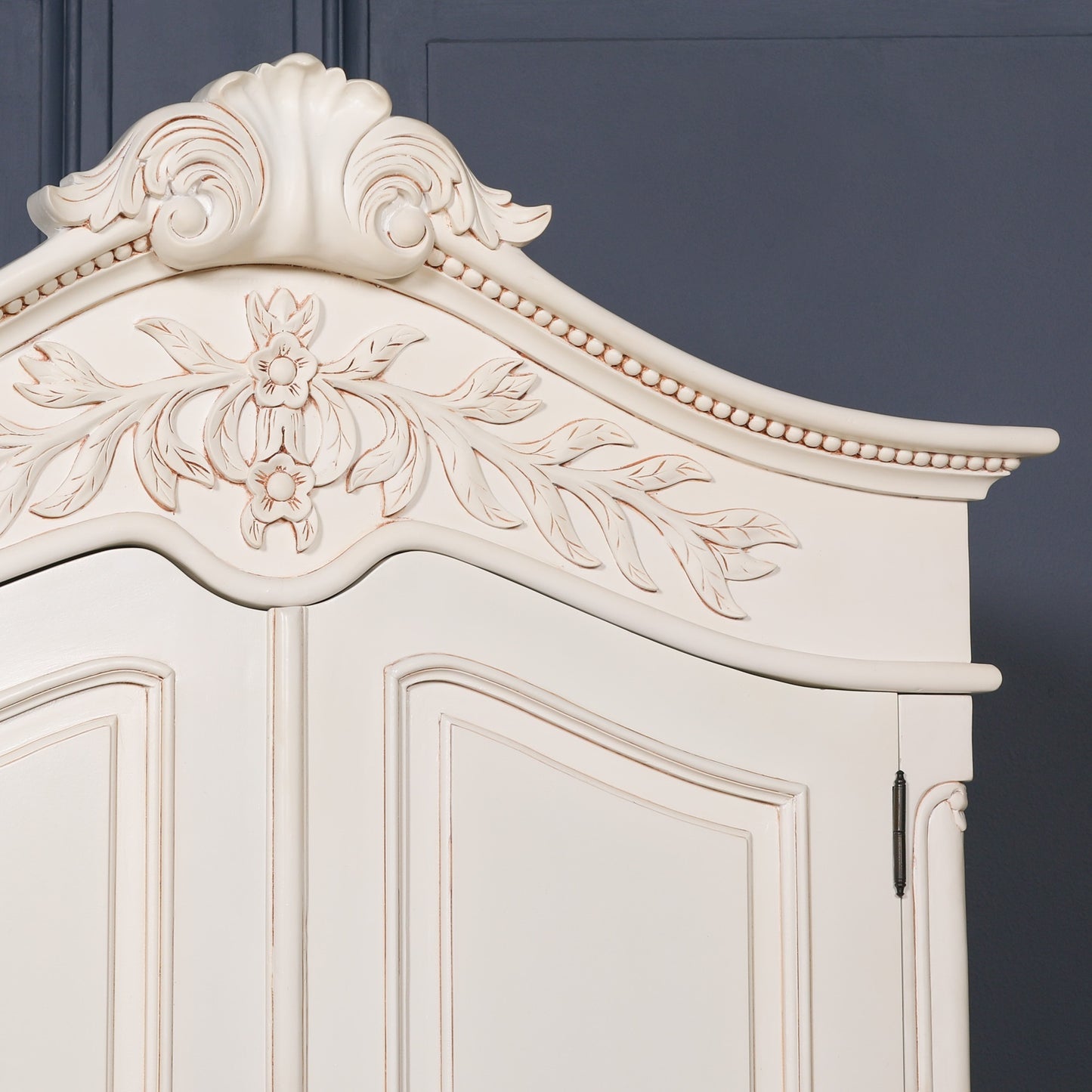 Wooden Carved French Chateau White Double Armoire