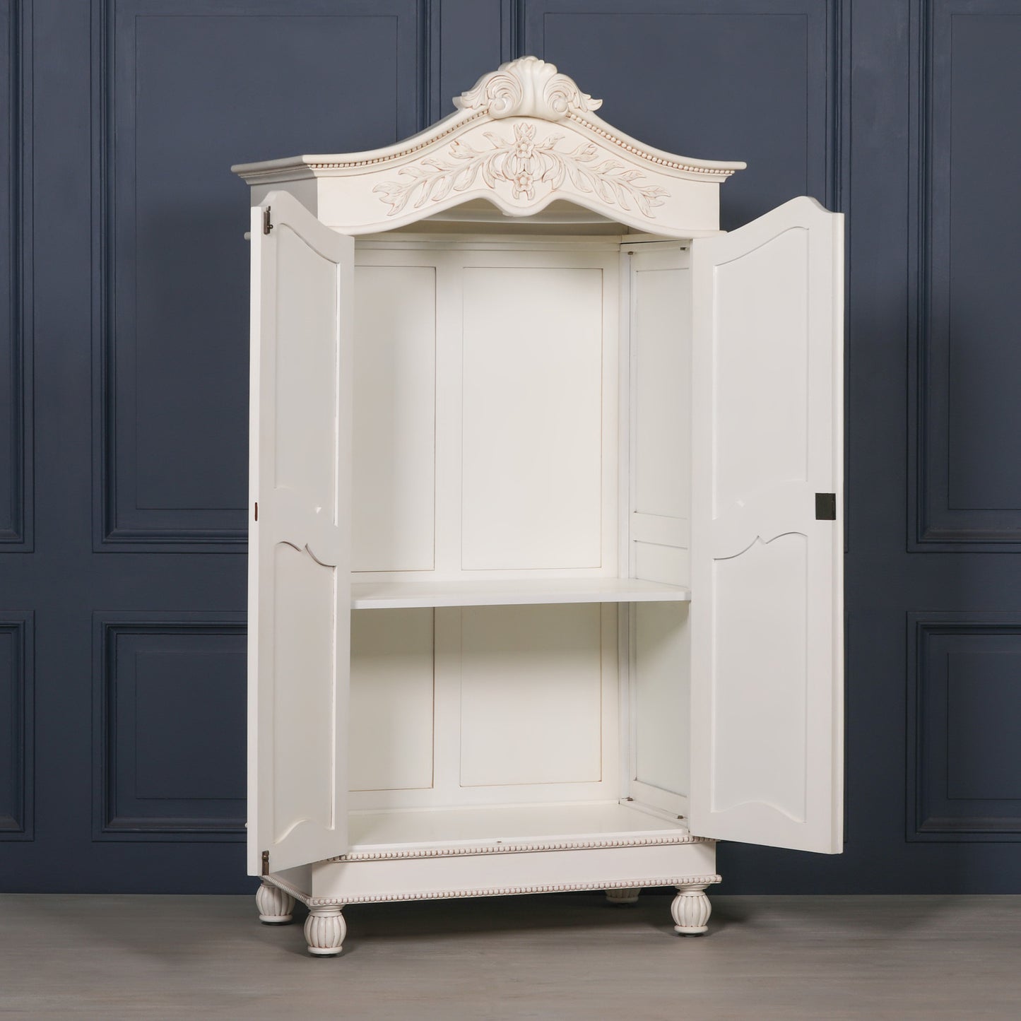 Wooden Carved French Chateau White Double Armoire