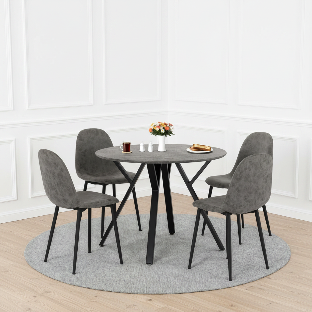 Modern grey dining set with 4 chairs and concrete effect table top. Harry Christian Home Essentials.