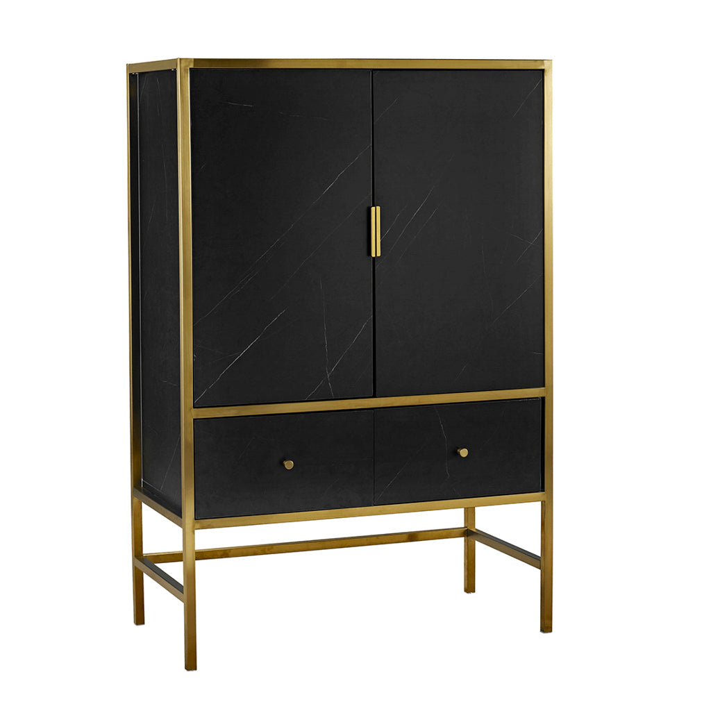 Harry Christian Home Black Marble Effect Drinks Cabinet With Gold Frame