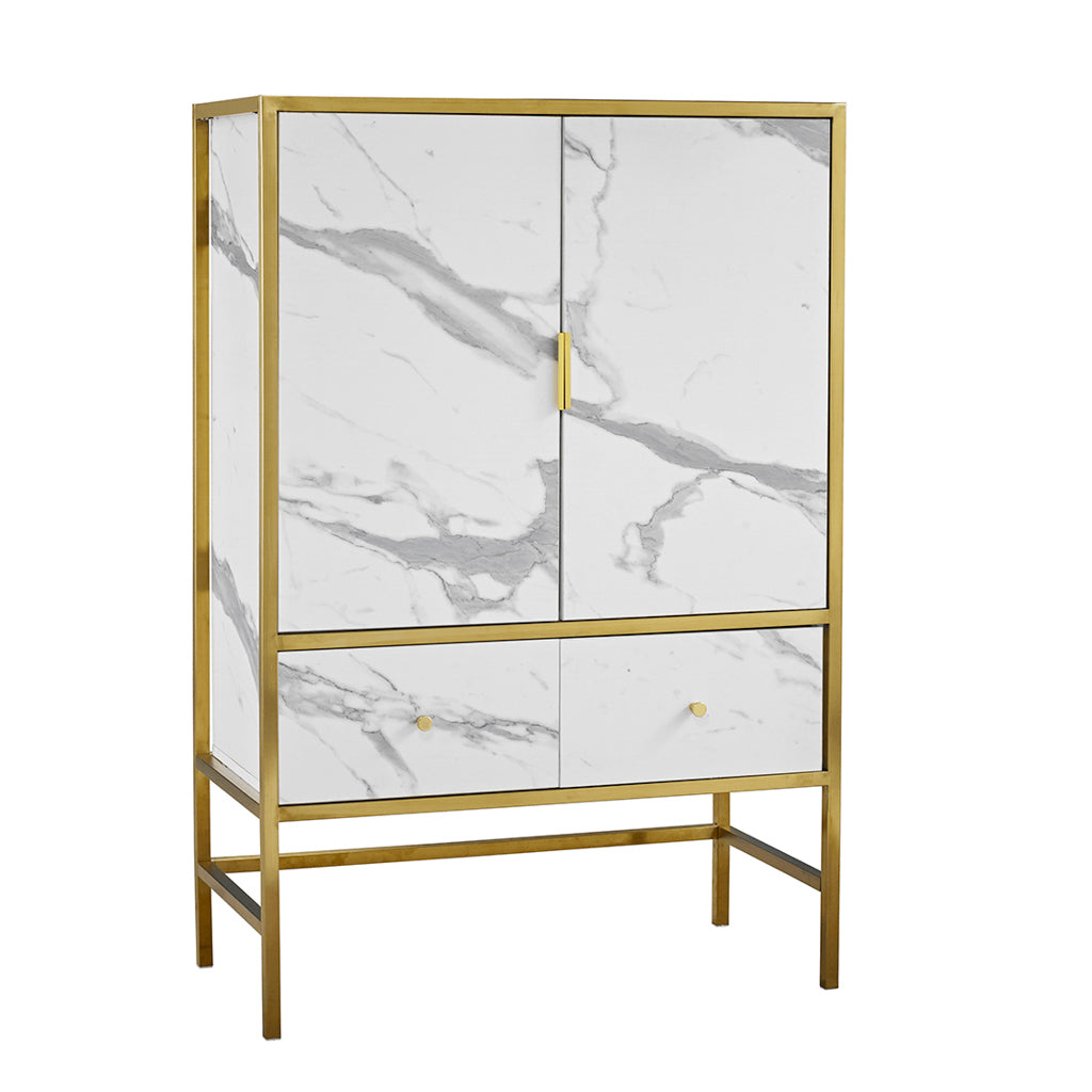 Harry Christian Home White Marble Effect Drinks Cabinet With Gold Frame