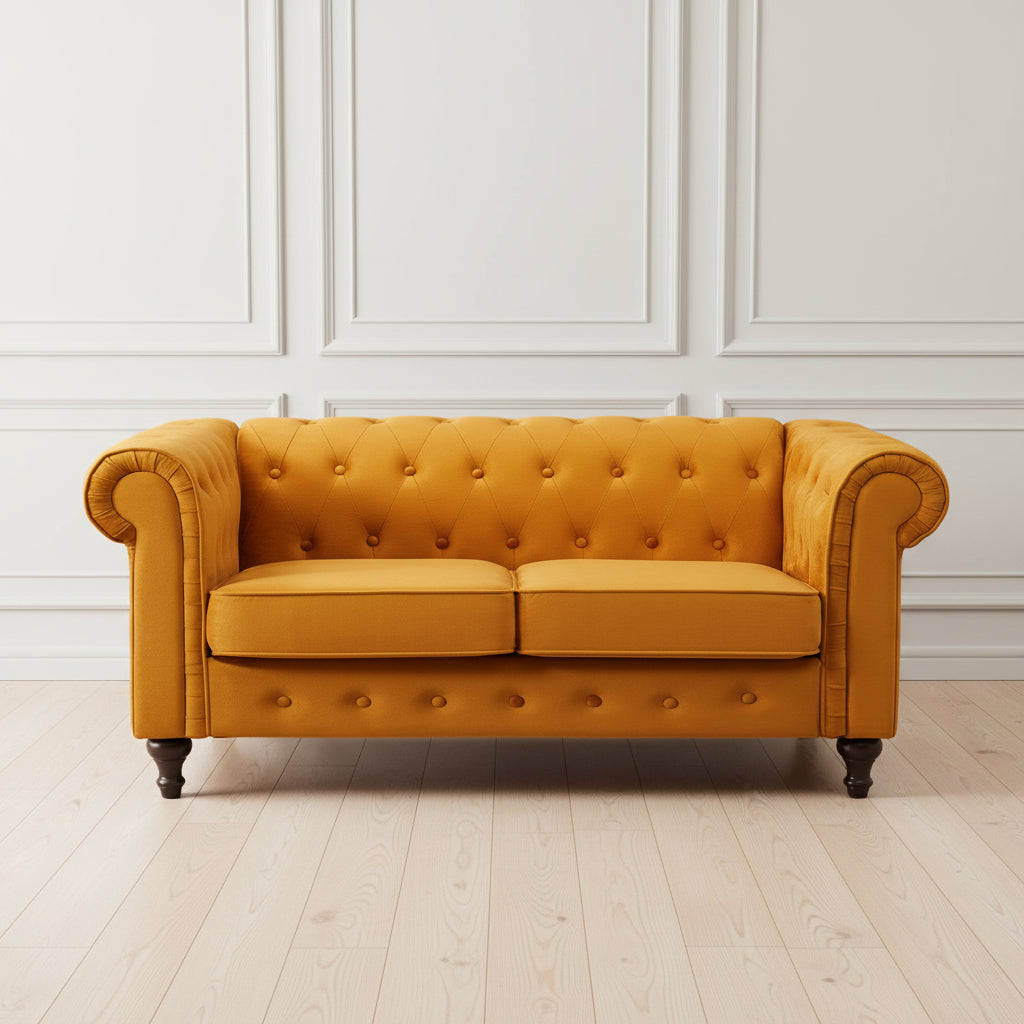 ORANGE VELVET UPHOLSTERED 2 SEATER CHESTERFIELD