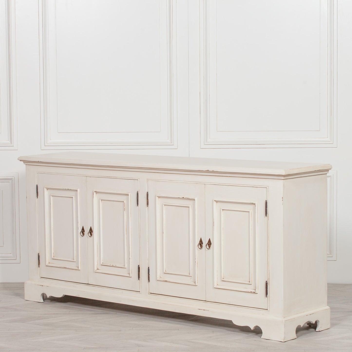 Distressed Aged White Brush Painted Classical Sideboard