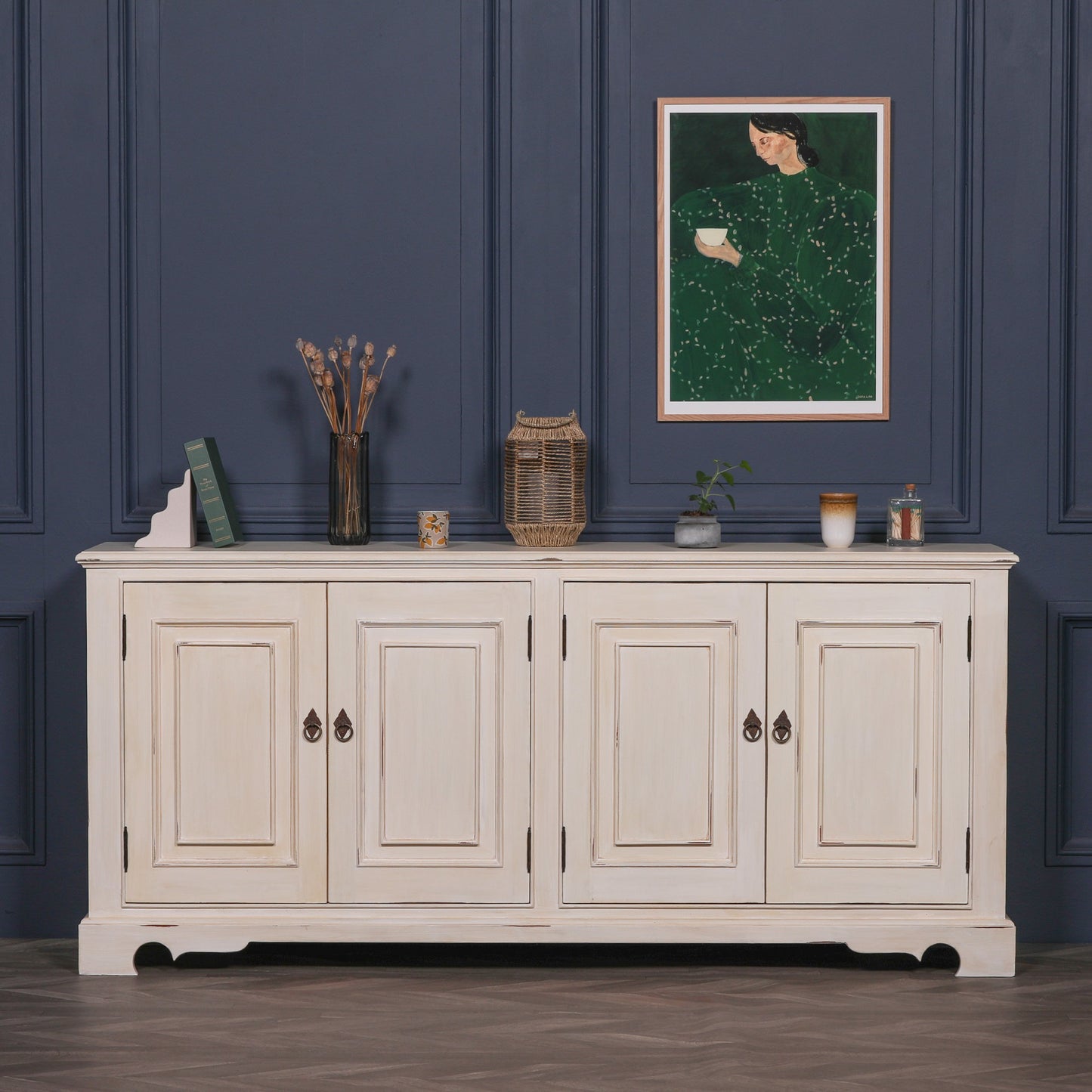 White Distressed Oriental Sideboard