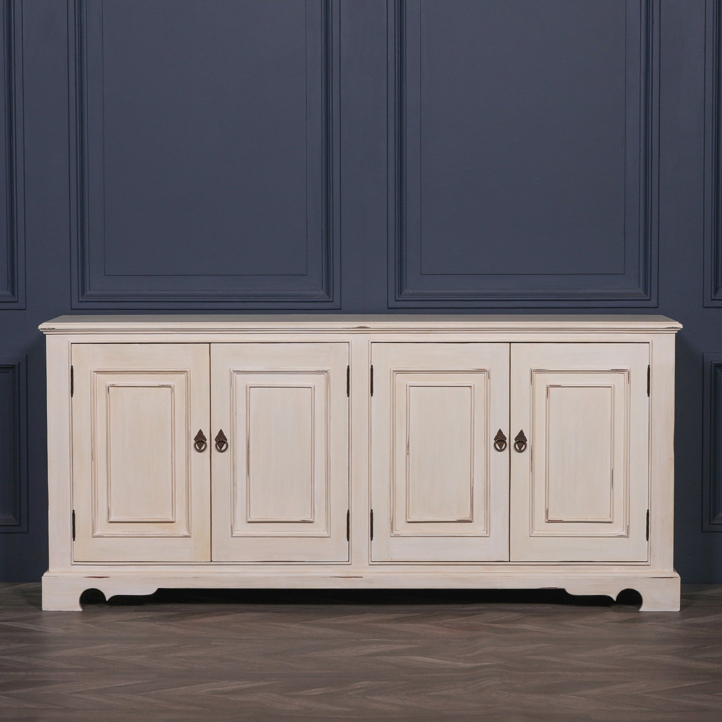 Distressed Aged White Brush Painted Classical Sideboard