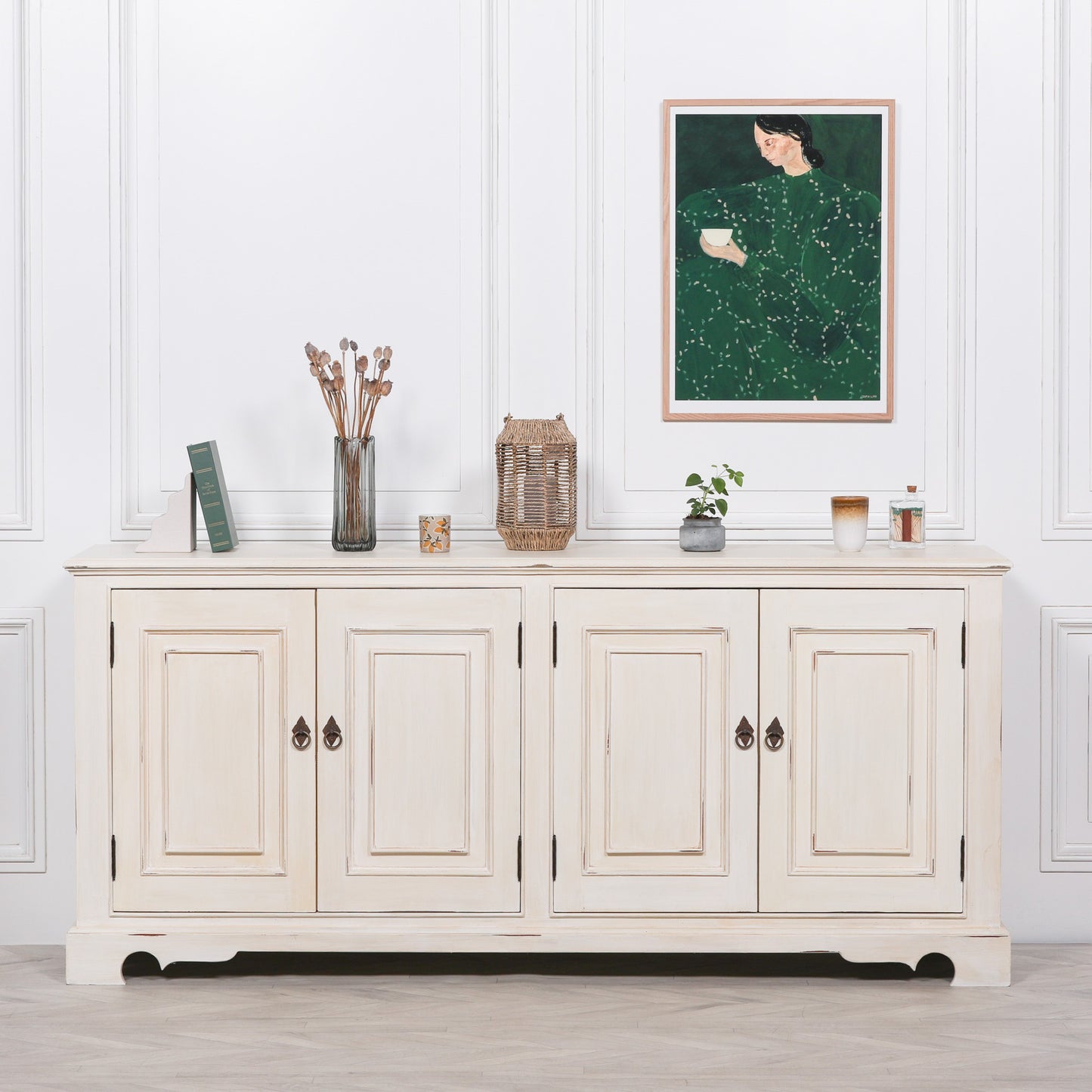 White Distressed Oriental Sideboard