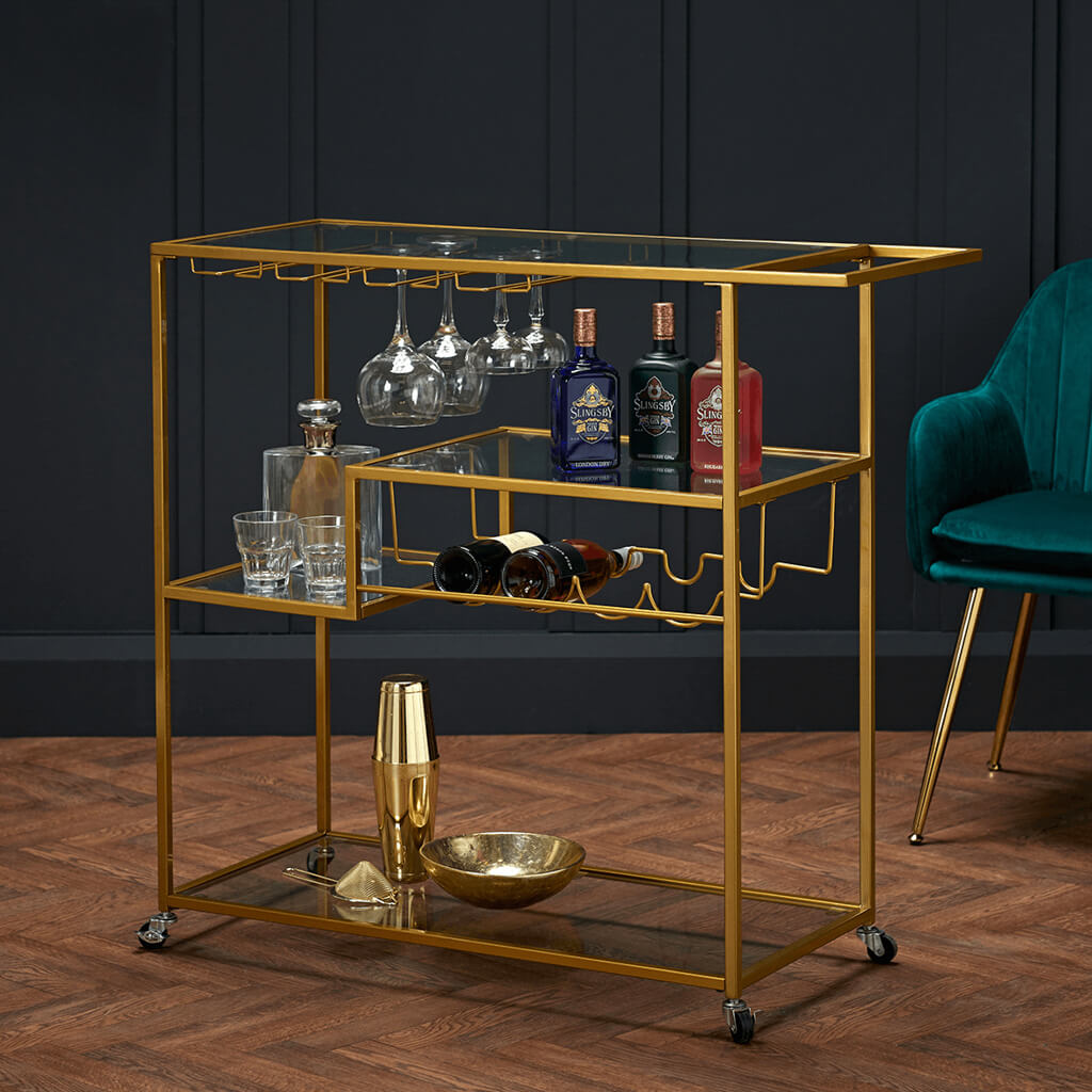 Harry Christian Home Art Deco Gold Drinks Trolley With Racks