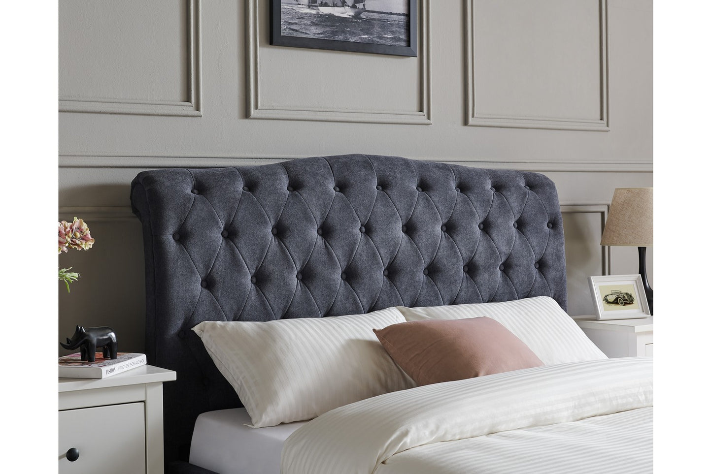 The Olivia Double Bed In Dark Grey Velvet