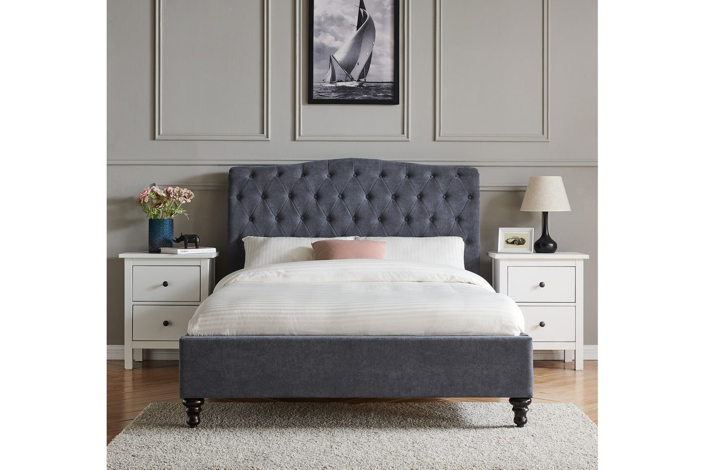 The Olivia Double Bed In Dark Grey Velvet