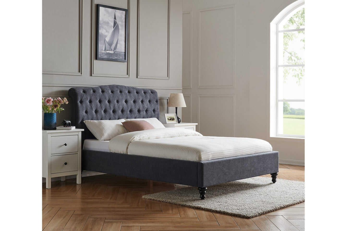 The Olivia Double Bed In Dark Grey Velvet