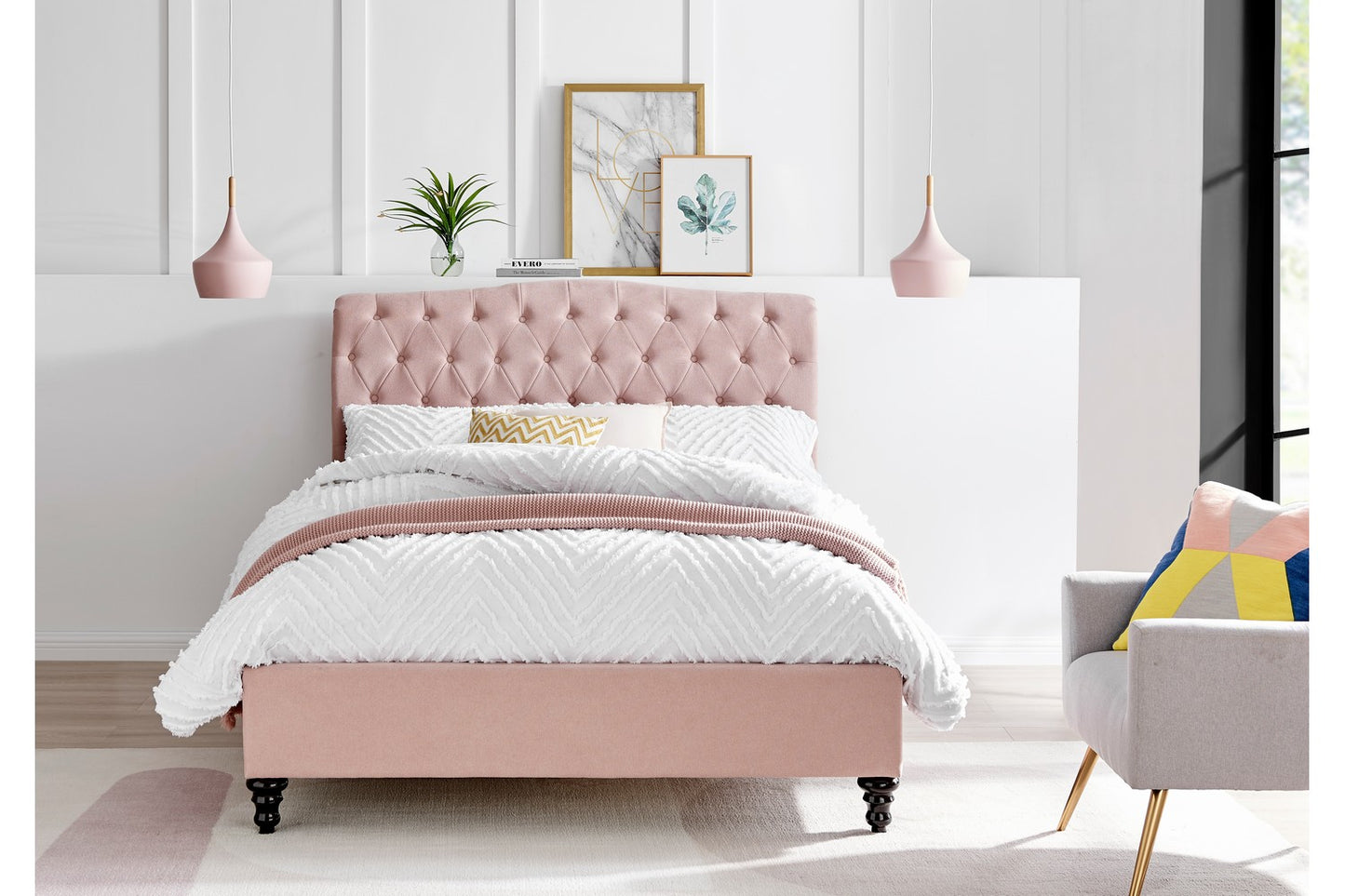 The Olivia Double Bed In Pink Velvet