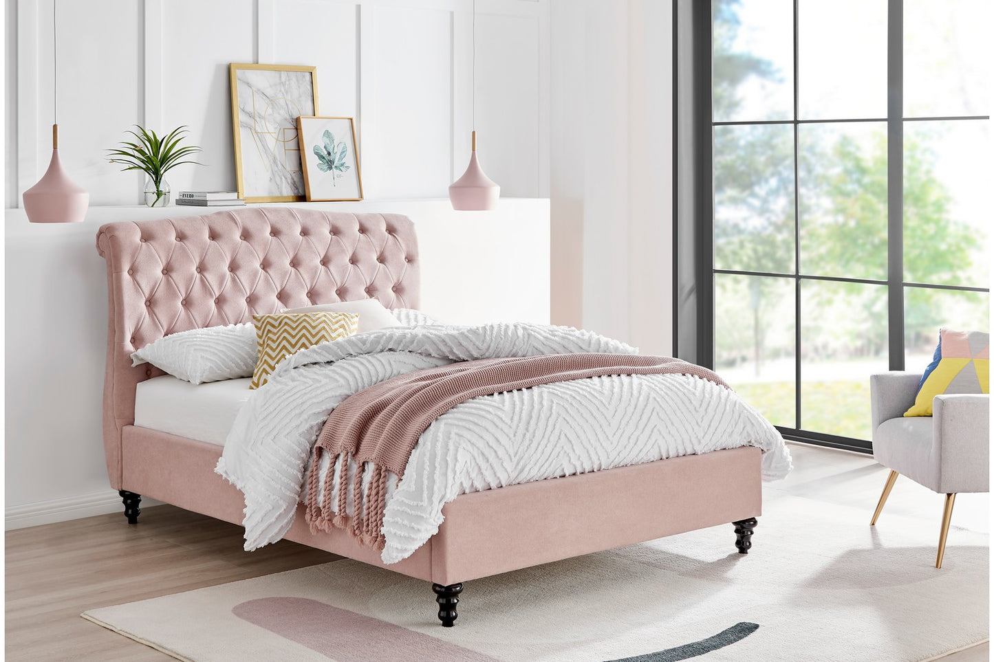 The Olivia Double Bed In Pink Velvet