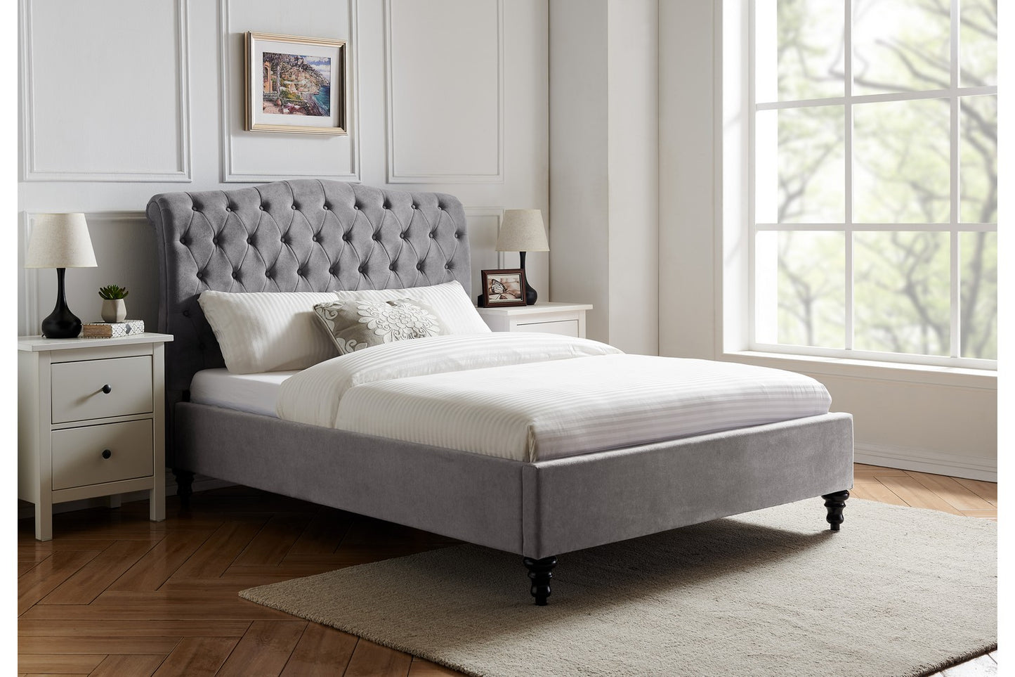 The Olivia Super Kingsize Bed Light Grey Velvet