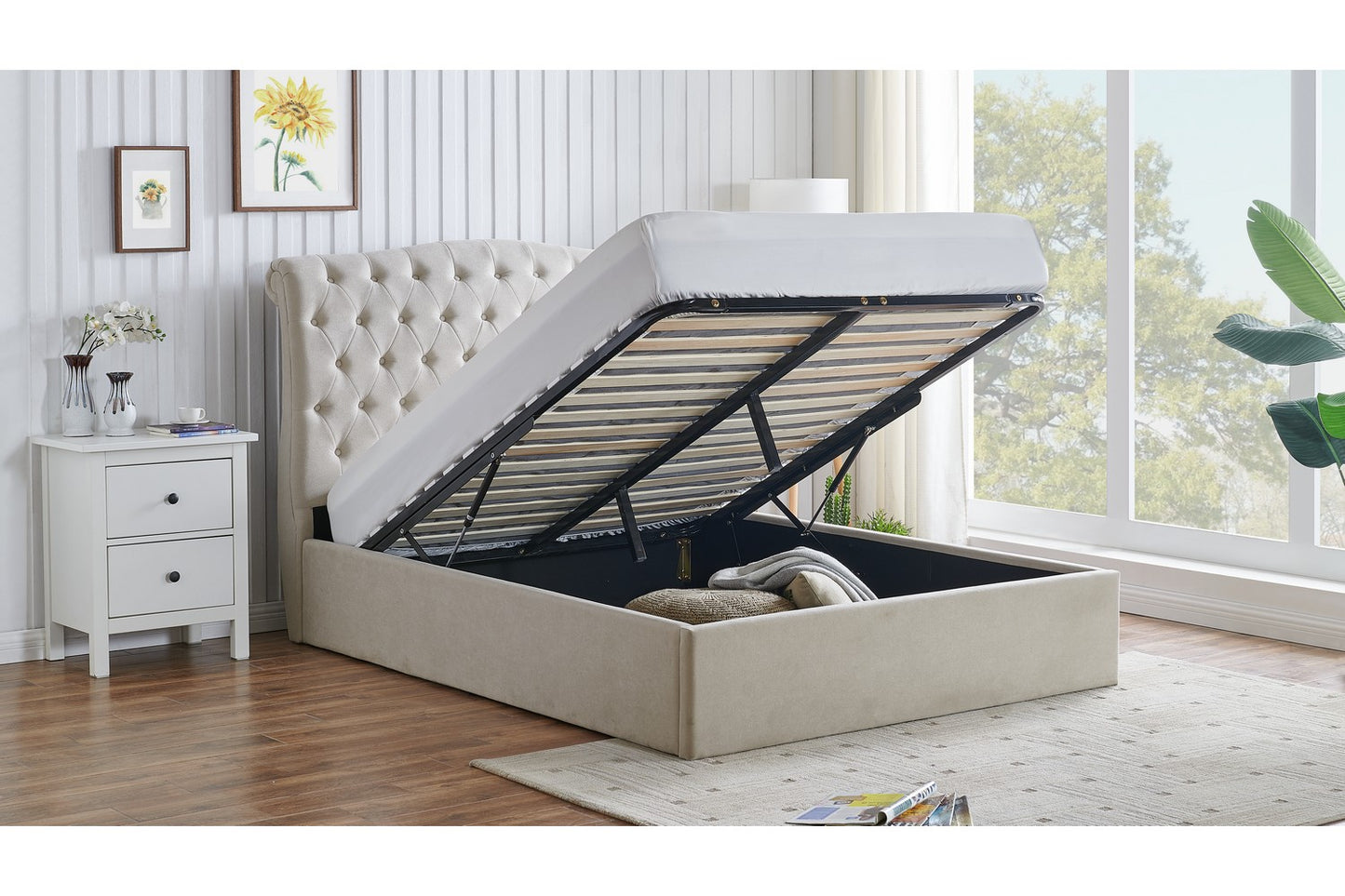 The Olivia Double Gas Lift Storage Bed Natural Velvet