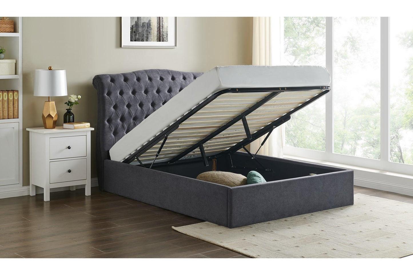 The Olivia Kingsize Gas Lift Storage Bed Dark Grey Velvet