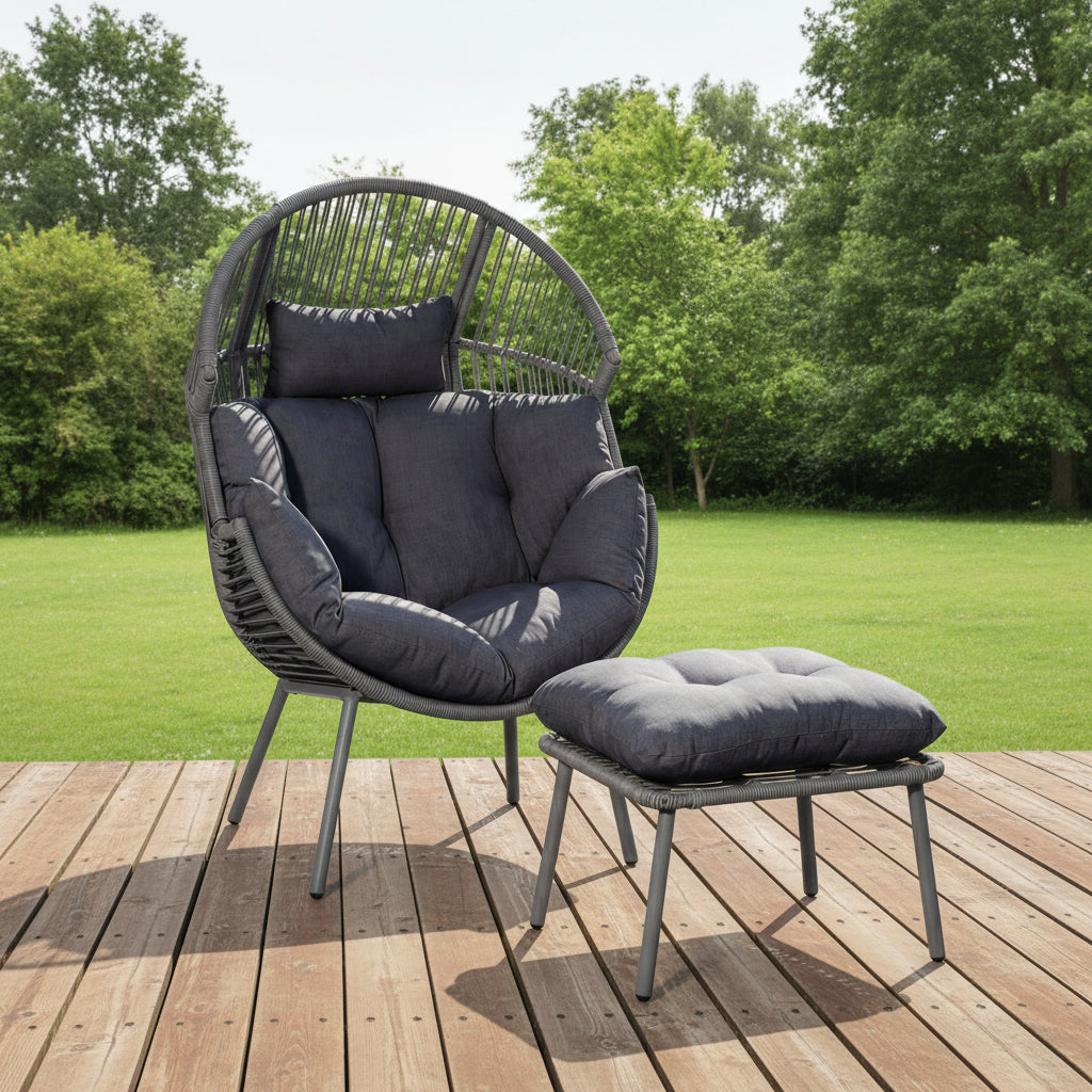 STANDING EGG GARDEN CHAIR AND FOOTSTOOL IN DARK GREY BY HARRY CHRISTIAN HOME