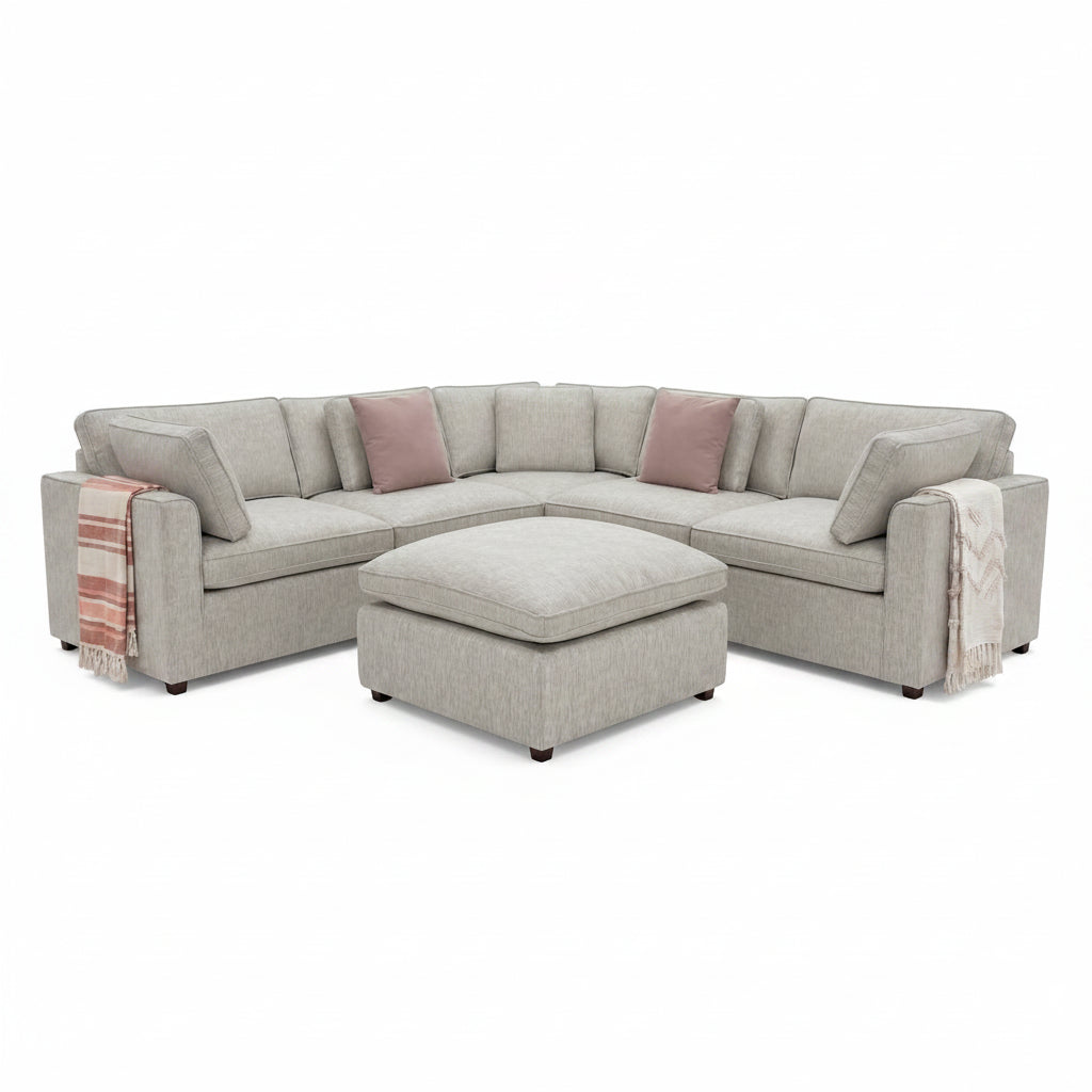 Santorini Sofa Grey Large Corner with Footstool. Heritage Home UK. Free Delivery and set up included. Grey Linen  Weaved Upholstery. 