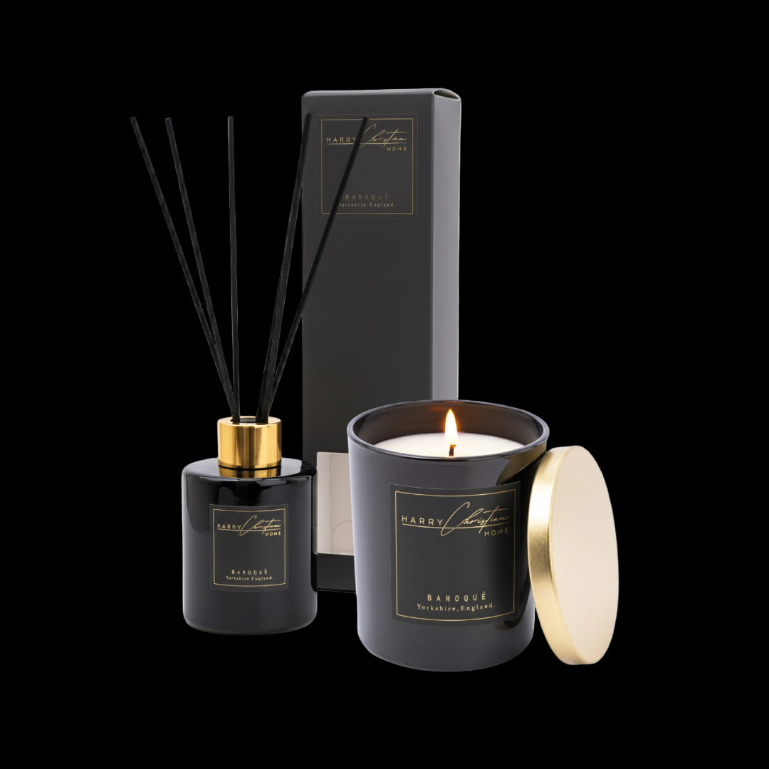Scented black and gold candle and diffuser set with a black box. by Harry Christian Home available at Heritage Home UK
