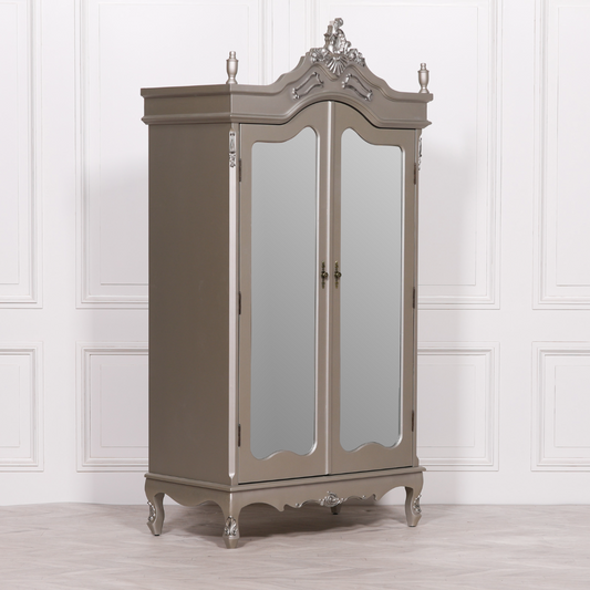 French Antique Silver Double Mirrored Door Armoire