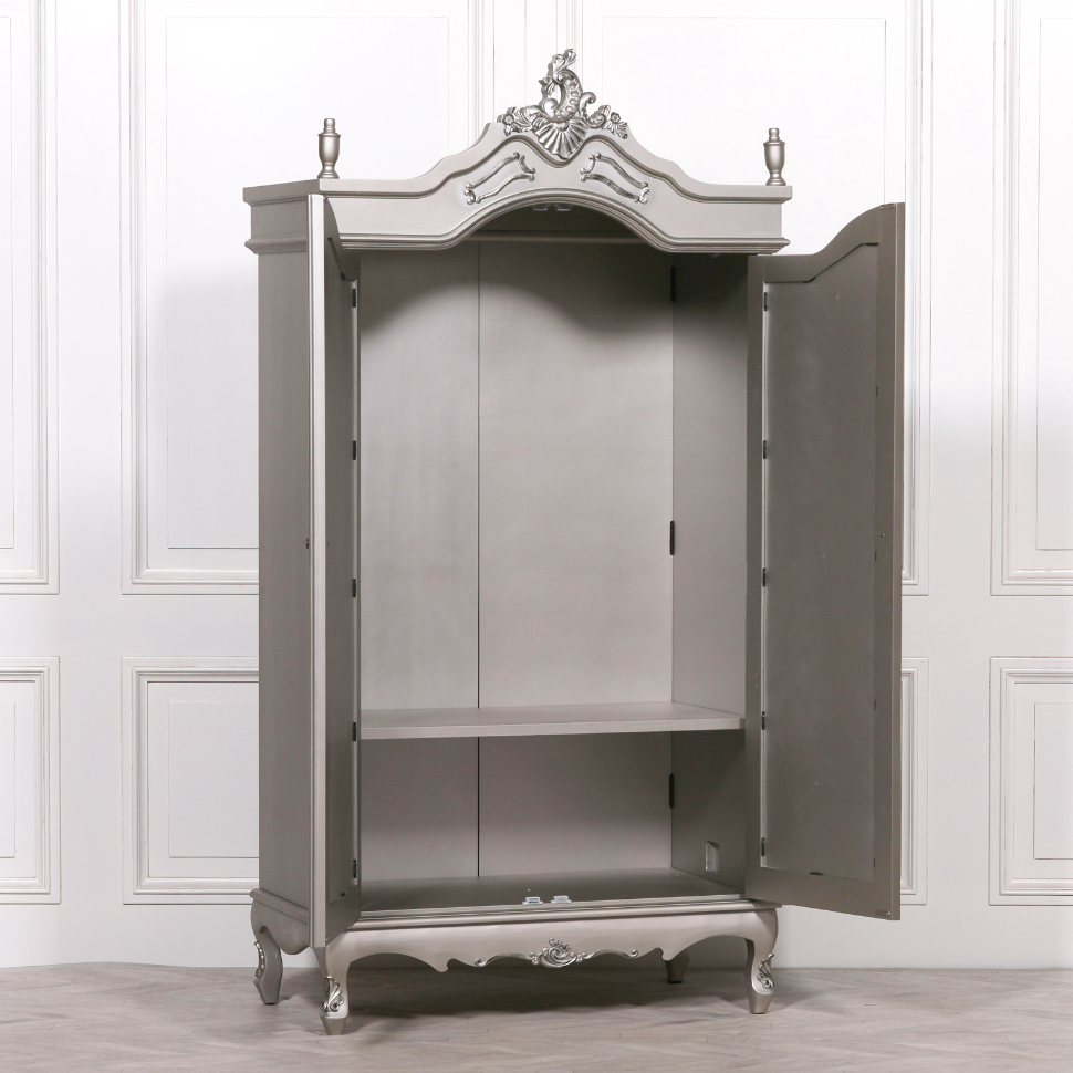 French Antique Silver Double Mirrored Door Armoire