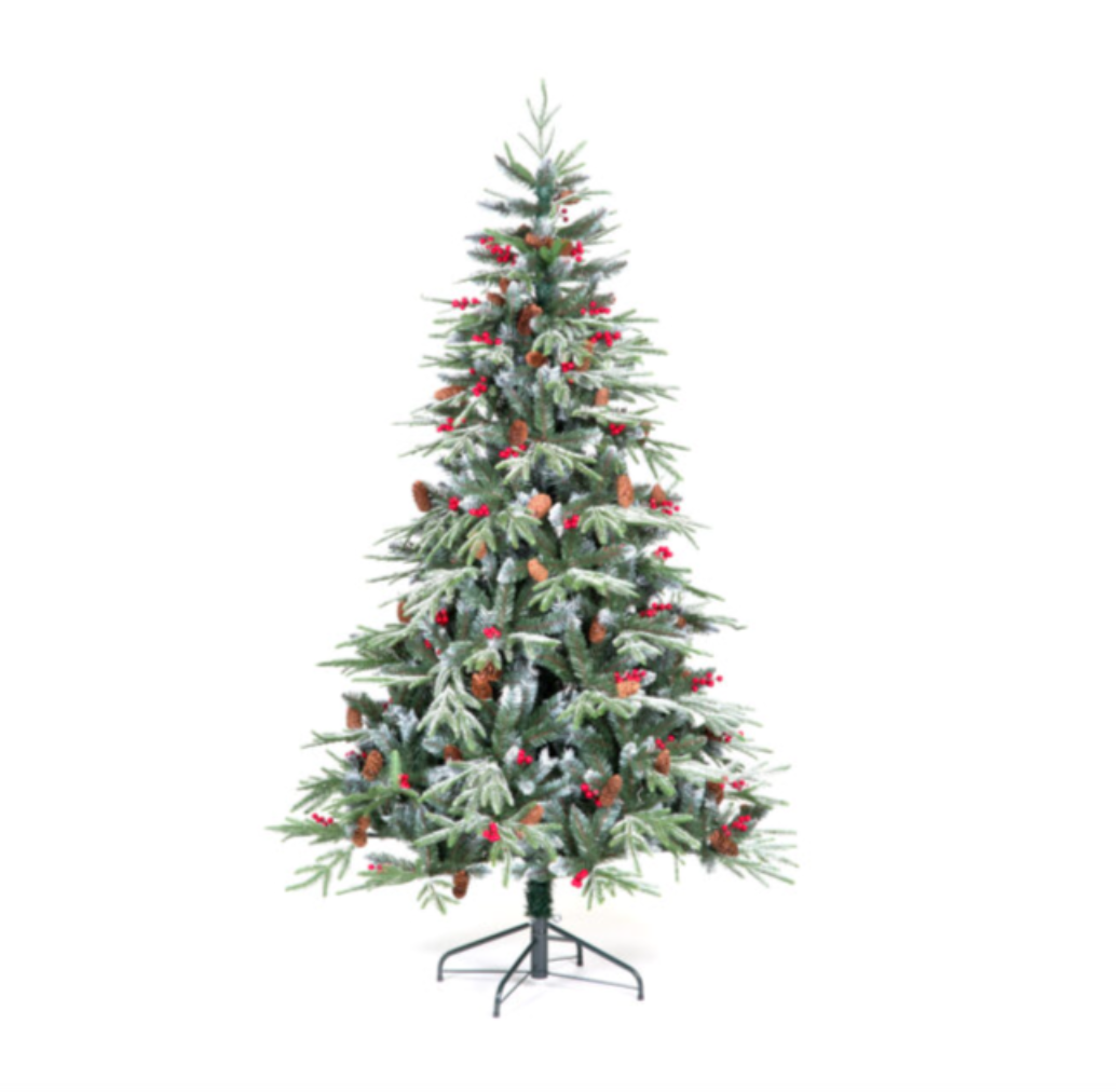 7ft Ontario Spruce Flocked Christmas Tree with 921 Tips & Decorative Berries & Pinecones