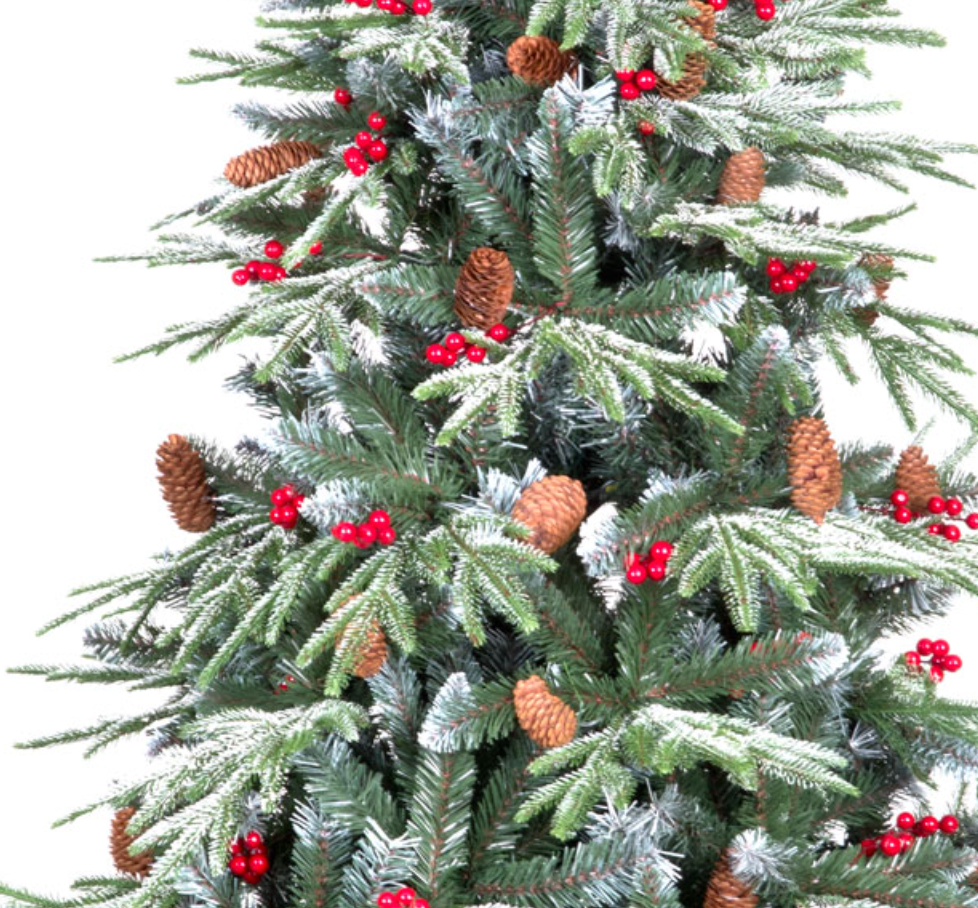 7ft Ontario Spruce Flocked Christmas Tree with 921 Tips & Decorative Berries & Pinecones