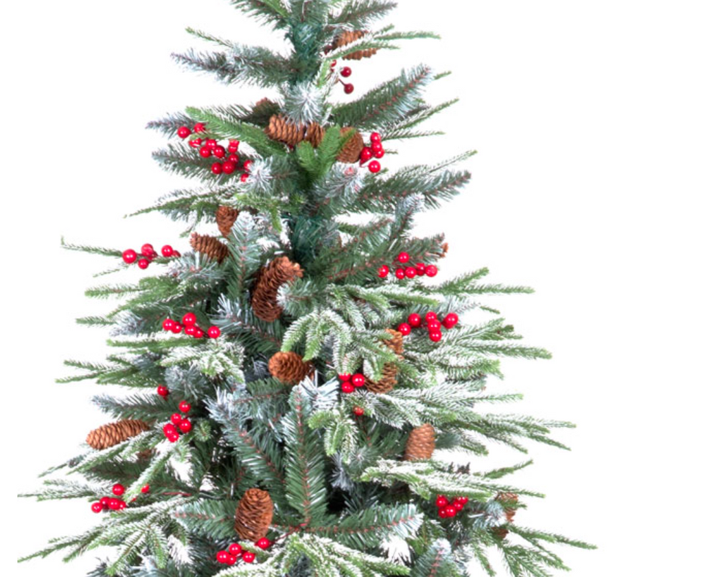 7ft Ontario Spruce Flocked Christmas Tree with 921 Tips & Decorative Berries & Pinecones