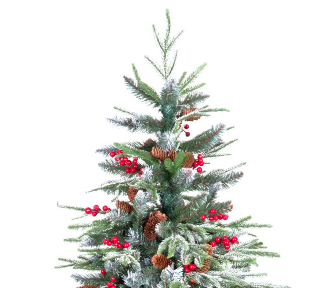 7ft Ontario Spruce Flocked Christmas Tree with 921 Tips & Decorative Berries & Pinecones