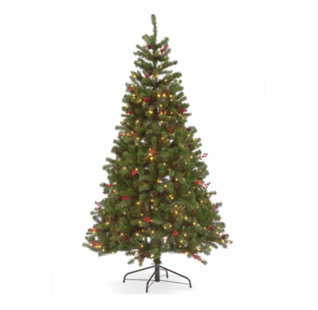 150cm Pine Creek Green Tree with 200 Warm White LEDs 454 Tips & Decorative Berries and Cones