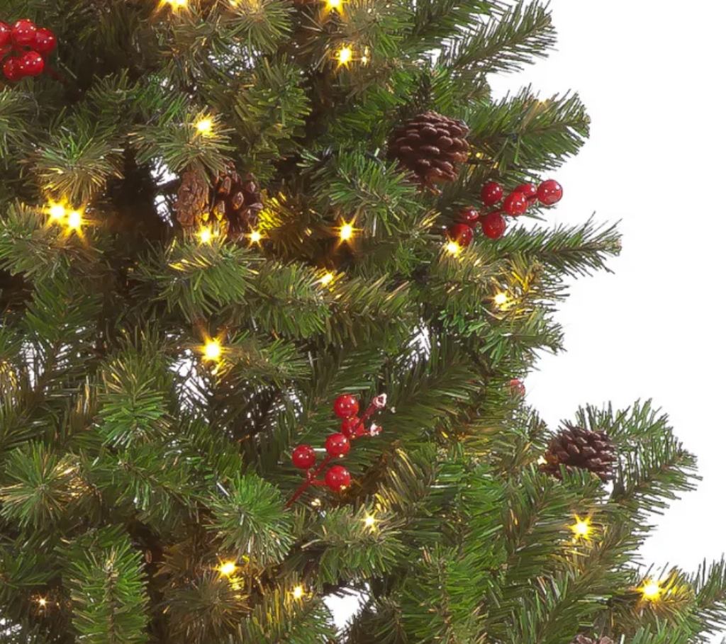 150cm Pine Creek Green Tree with 200 Warm White LEDs 454 Tips & Decorative Berries and Cones