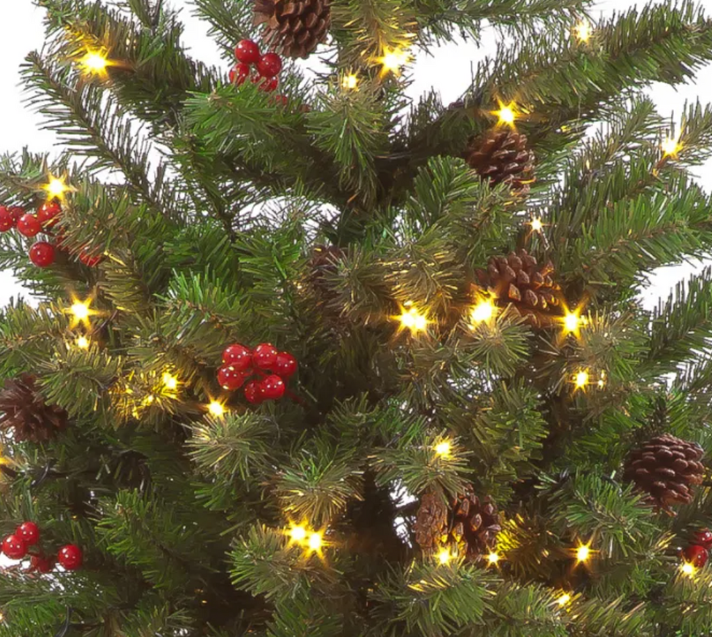 150cm Pine Creek Green Tree with 200 Warm White LEDs 454 Tips & Decorative Berries and Cones