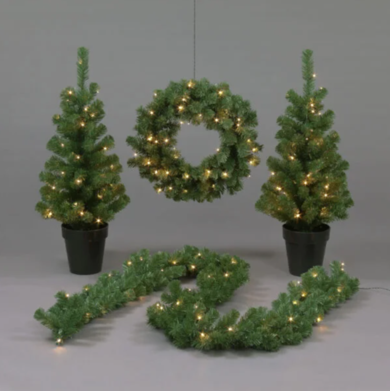 4 Piece Pre Lit Porch Set With 2 Trees 1 Wreath 1 Garland