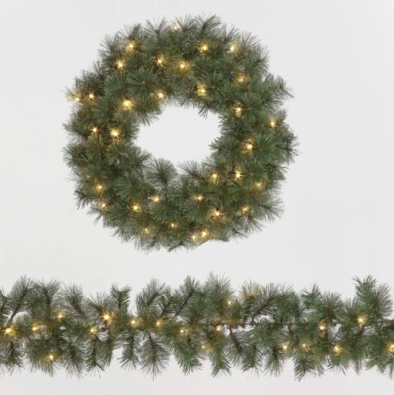 Pre-Lit Baltimore Pine Wreath & Garland Set with 35 Warm White LEDs