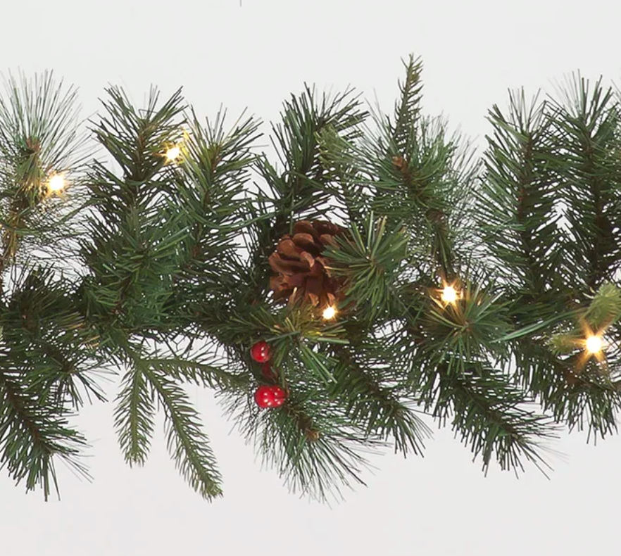 Pre-Lit Battery Operated Cranberry & Pinecone Wreath & Garland Set with Warm White LEDs