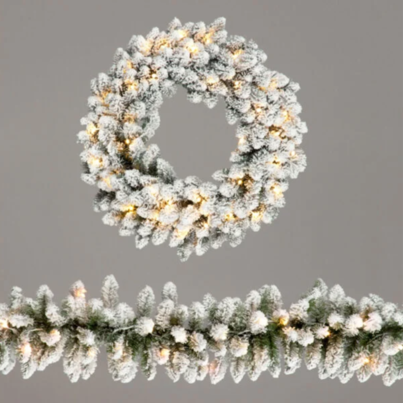 Pre-Lit Battery Operated Snowshoe Spruce Garland & Wreath Set