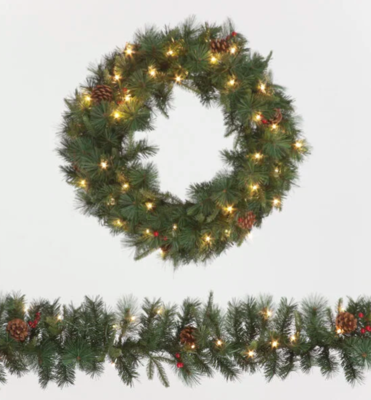 Pre-Lit Battery Operated Cranberry & Pinecone Wreath & Garland Set with Warm White LEDs