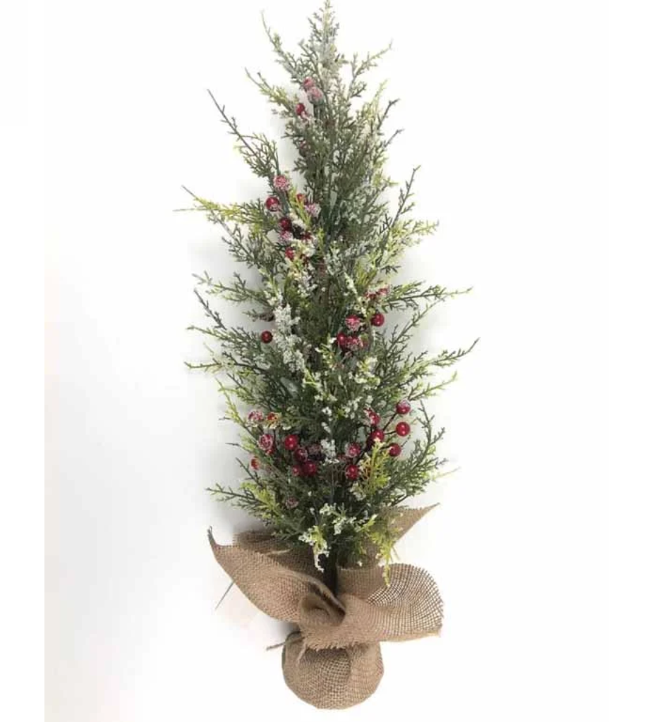 71cm Snow Red Berry & Cypress Pine Burlap Tree