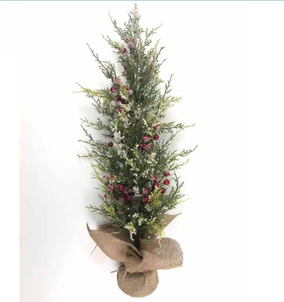 71cm Snow Red Berry & Cypress Pine Burlap Tree