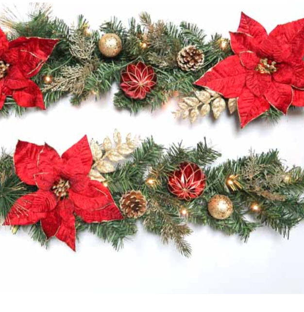 Battery Operated 180cm Red Poinsettia Pre Lit Garland With 25 LEDs with Timer