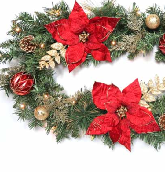 Battery Operated 180cm Red Poinsettia Pre Lit Garland With 25 LEDs with Timer